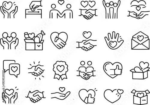 Charity and Donation Line Icons Set – Volunteer, Love, Support, Helping Hands Outline Vector Collection