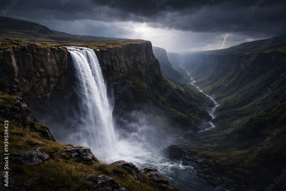 Fototapeta premium Gentle Waterfall Flowing Over Limestone Terrace In Ancient Forest
