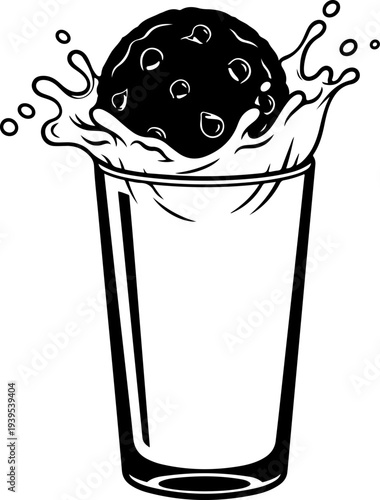 Round chocolate chip cookie dunked into a tall glass of milk Vector