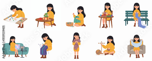 Cute Handdrawn Woman Doing Different Crafting Activities Illustration Set