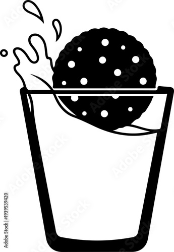 Round chocolate chip cookie dunked into a tall glass of milk Vector