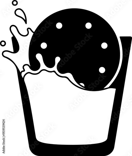 Round chocolate chip cookie dunked into a tall glass of milk Vector