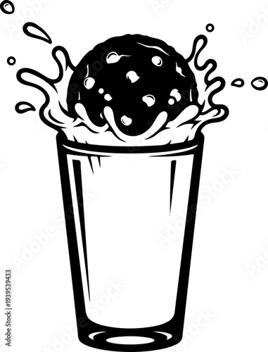 Round chocolate chip cookie dunked into a tall glass of milk Vector