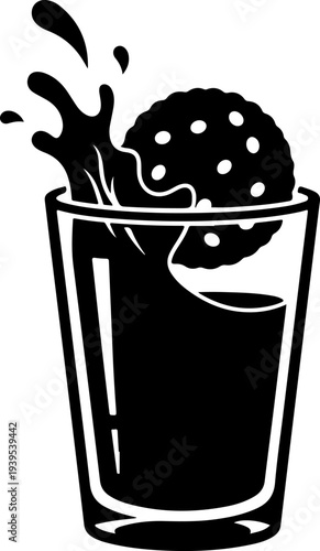 Round chocolate chip cookie dunked into a tall glass of milk Vector