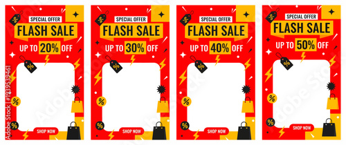 Four Red and Yellow Sale Banners with Flash Sale Offers and Discounts on a White Background