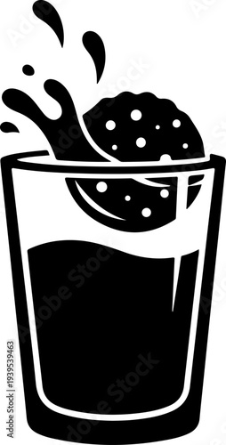 Round chocolate chip cookie dunked into a tall glass of milk Vector