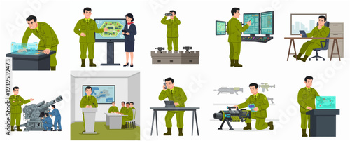 Flat Style Detailed Military Officer Activities and Operations Set Illustration