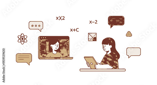Woman video calls on laptop with speech bubbles and math symbols around her