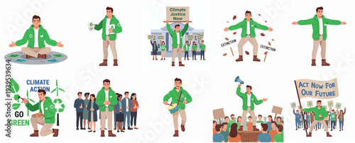 Flat Illustration Man Demonstrating For Climate Action with Different Poses Character Set