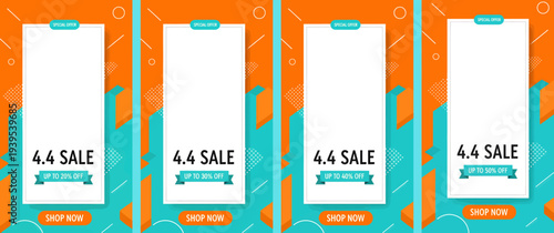 Four mobile phones displaying sale advertisement on a vibrant orange background with teal accents