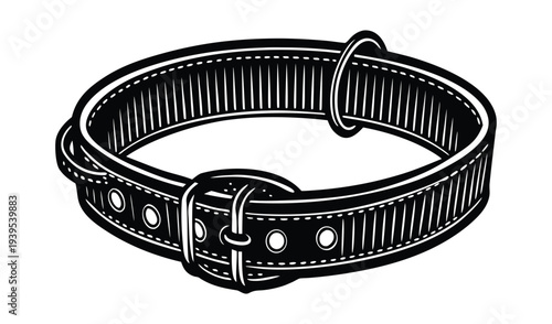 Leather Dog Collar with Metal Buckle and Ring, Black and White Illustration