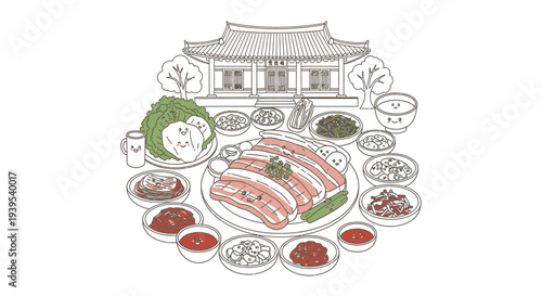 Traditional Asian cuisine illustration with various dishes and pagoda.