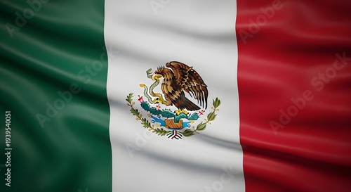 The national flag of mexico waving with the iconic eagle and cactus emblem