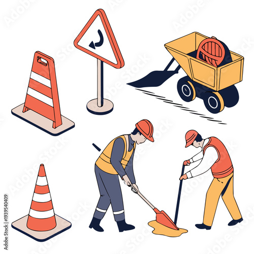 Depicting a construction site, this illustration showcases essential elements such as safety cones, road signs, and heavy machinery.