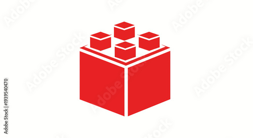 A red 3D cube with smaller cubes on top in a minimalist geometric illustration style