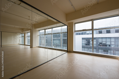 Photos Spacious dance studio with mirrored wall, wooden floor, large windows and natura