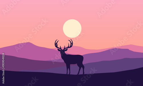 Serene wild nature landscape featuring a majestic stag silhouette against a beautiful dusk sky and layered mountains in pastel colors.