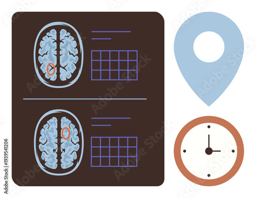 Brain health, medical research, diagnostics, time management, healthcare planning, location. MRI brain scans, grid for data clock and pin symbol. Brain health and medical research theme