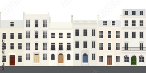 set of buildings in different styles. european building exterior. row of white residential with windows and doors.
