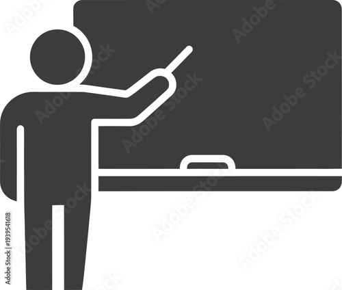 Stylized silhouette of a teacher pointing a stick at a dark chalkboard displaying an eraser on the ledge for instruction.