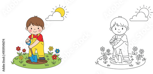 Cute Little Boy Gardening and Digging a Hole with a Shovel Vector Illustration Set for Kids Coloring Activity and Spring Hobby Theme Design Isolated on White Background