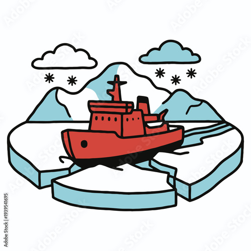 Red Icebreaker Ship in Arctic Frozen Sea Vector