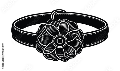 Black Leather Choker Necklace with Flower Charm - Vintage Style Accessory