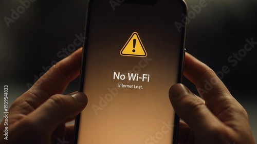 Close up of smartphone screen displaying internet lost no wi-fi warning