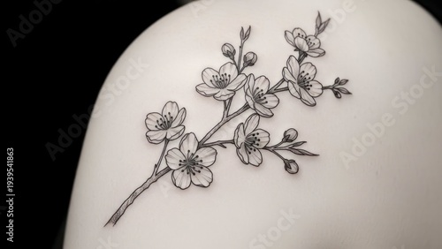 Tattoo of cherry blossoms on shoulder.