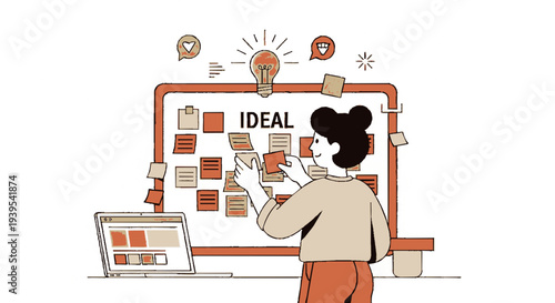 Woman planning ideal strategy on sticky notes and digital board with laptop