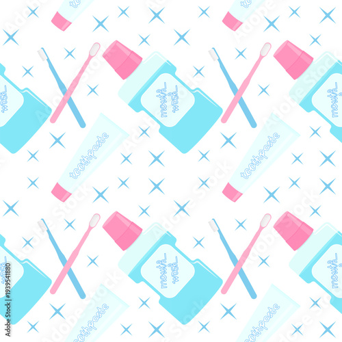 Pattern of two toothbrushes in a glass, a tube of toothpaste, mouthwash, on a blue background