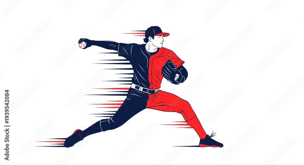 Fototapeta premium Baseball pitcher in action, throwing a ball with speed lines, dynamic illustration
