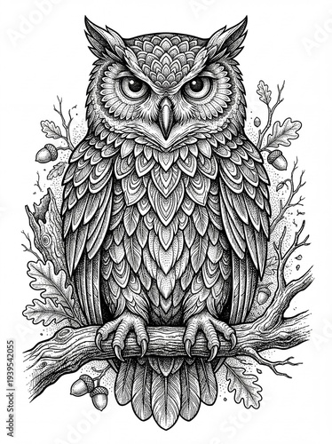 Detailed monochrome illustration of a majestic owl perched on a branch, surrounded by foliage.
