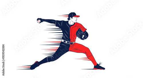 Baseball pitcher in action, throwing a ball with speed lines, dynamic illustration