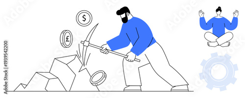 Cryptocurrency, blockchain technology, financial growth, digital currency, productivity, mindfulness. A man mining digital coins while another meditates near a gear icon. Cryptocurrency