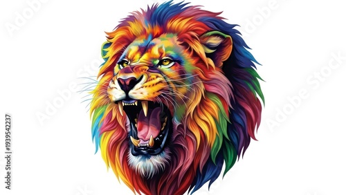 Vibrant colorful lion head portrait.