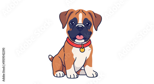 Cute Boxer Puppy Dog Sitting Portrait with Red Collar, Cartoon Style