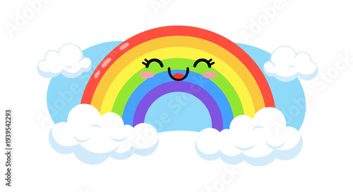 Cute Kawaii Rainbow with Smiling Face and Clouds, Cartoon Style