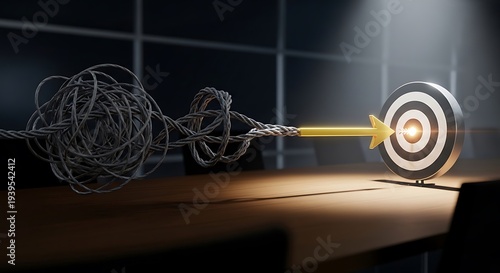 A tangled mess of wires targets a bullseye with a single arrow in a dark room with spotlight