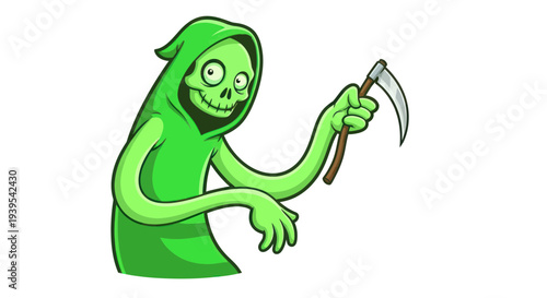 Green Grim Reaper Character with Scythe, Cartoon Style