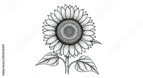 Hand Drawn Sunflower Sketch with Leaves, Black and White Botanical Illustration