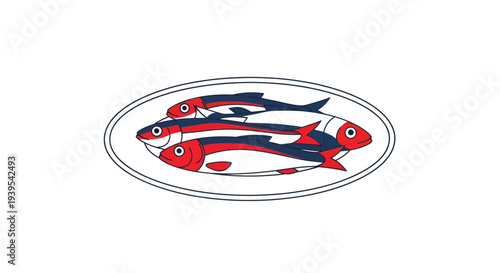 Illustration of Sardines on a Plate, Seafood Appetizer, Mediterranean Cuisine