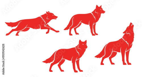 Red Wolves Silhouette Collection: Running, Standing, Howling, and Staring