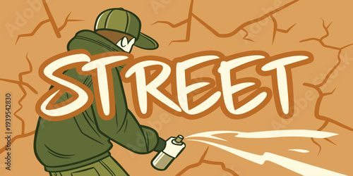 Creative street graffiti typography on cracked wall background. Urban street art style vector illustration with bold lettering, modern city culture concept, perfect for street design themes.