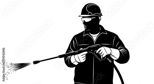 Worker with Pressure Washer Cleaning Surface - Black and White Illustration