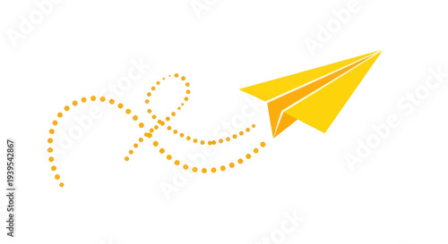 Yellow paper airplane flying with dotted trail on white background, concept of travel and dreams