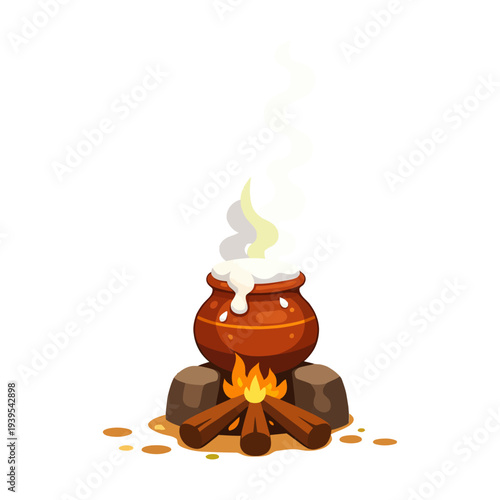 Milk boiling ceremony pot over firewood for Sinhala and Tamil New Year celebrations, vector illustration on Transparent Background