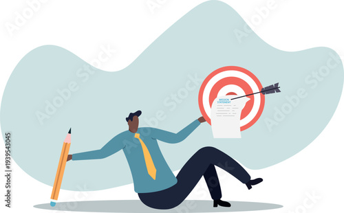 Writing company mission statement, strategy or value to achieve business goal, mission, vision and value, motivation or purpose, objective concept,human life and situation.