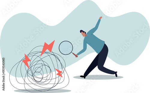 Analyze problem finding solution or opportunity, look for details to solve problem, discovery or search, root cause analysis or troubleshooting concept,human life and situation.