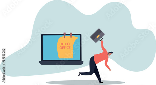 Out of office notice message, vacation or holiday leave sticky on laptop, note or summer break announcement,human life and situation.